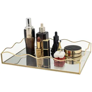 Deko Tablett, SLHEQING Groß Spiegeltablett, Rechteckig Badezimmer Tablett Glas Kosmetik Organizer Gold Vanity Make Up Organizer für Schminktisch Esstisch Bad Schlafzimmer