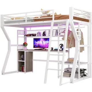 Okwish Hochbett 90/200 cm weiß aus Metall und MDF mit Schreibtisch , Weiß , Holzwerkstoff , 90x200 cm , Babymöbel & Kindermöbel, Kinderzimmer & Jugendzimmer, Kinderbetten, Hochbetten