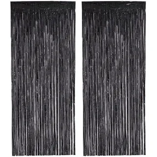 PHENO FLAGS 2 Stück Schwarzer Lametta Vorhang, 1x2,5m - Glitzernde Silvester-Deko im dunklem Metallic-Look, Lametta Girlande für Ihre Halloween-Party
