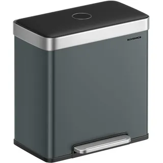 SONGMICS Mülleimer Küche, 2 x 30 L, Mülltrennsystem 2 Fächer, 15 Müllsäcke, Abfalleimer Edelstahl, Inneneimer aus Kunststoff, mit Deckel, Softclose, 58,2 x 36,5 x 60,5 cm, grüngrau LTB202G01