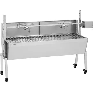 Klarstein 2-in-1 Rotisserie Grill mit Motor, Grill mit Drehspieß & Windschutz, Großer Spießgrill für Hähnchen & Spanferkel, Grill mit Motor, Spieß Grill mit Edelstahl-Rost, Holzkohlegrill mit Rollen - Silber