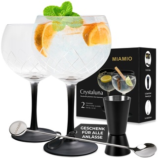 MIAMIO - 2 x 650 ml Gin Glas / 2er Gin Gläser Set -Hochwertige Gin Tonic Gläser ideal für Gin und Cocktails - Geschenk Set inklusive Messbecher Glas und Rührlöffel Crystaluna Kollektion (Gin Tonic)