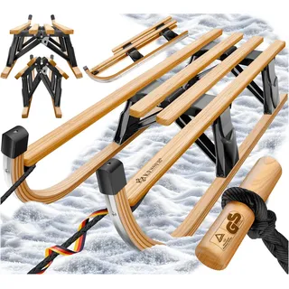 Kesser KESSER® Holzschlitten Premium Schlitten faltbar Kinder Faltschlitten Kinderschlitten aus Buchenholz inkl. Zugseil Schieber Metallkufen - Schwarz