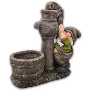 Wichtelstube-Kollektion XXL Gartenzwerg wetterfest Wichtel Figur Dekofigur mit Blumentopf am Wasserbrunnen Gartenfigur Deko Frühling Garten 38cm x 38cm