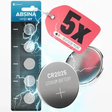 ABSINA Knopfzellen CR2025 5er Pack - CR 2025 Knopfzelle auslaufsicher & langer Haltbarkeit - CR2025 Batterien Knopfzellen, CR2025 3V Lithium Knopfzelle, Batterie CR 2025, Knopfbatterie CR2025
