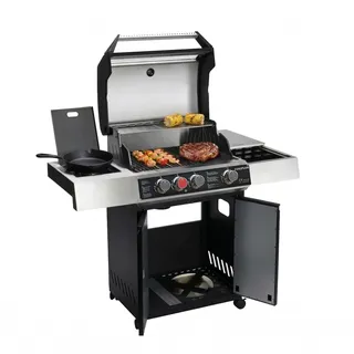 Amig - Gasgrill Fireplus XL GRILL-2 4F - 129 x 55 x 115 cm - Grillfläche 60 x 41,5 cm - Mit Thermometer, Seitenablage, Unterschrank und Rädern mit Bremse - Gusseisenrost - Schwarz