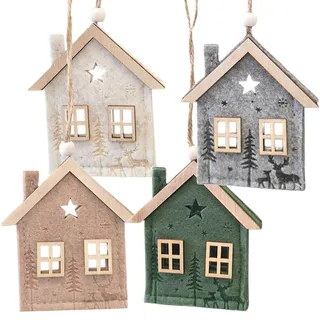 Filz-Häuser Weihnachtsanhänger, 4 Stück: Haus-Anhänger aus Filz & Holz, Geschenkanhänger Weihnachten, Stoffanhänger Geschenke, Weihnachtsbaum & Zweige, Baumschmuck Klein, Weihnachtsdeko, 10 cm