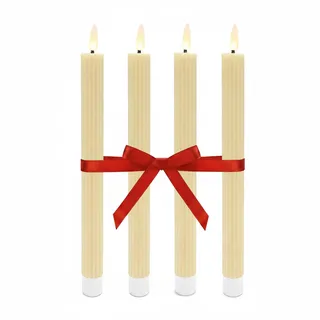 Relaxdays LED Stabkerzen, 4er Set, HxD: 25 x 2 cm, flackernde Flamme, Echtwachs, Rillen, flammenlose Kerzen, beige