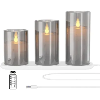 EXTSUD LED Kerzen Flackernde Flamme Kerzen mit Ladestation und Fernbedienung,3er Set Elektrische kerzen aus Glas Wiederaufladbare Flamme Wassertropfer Kerzenlicht mit Timerfunktion Grau