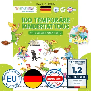 Papierdrachen 100 Tattoos für Kinder - Hautfreundliche Kindertattoos Bibi Blocksberg - kindgerechte Designs - als Mitgebsel oder Geschenkidee - 100% vegan & dermatologisch geprüft