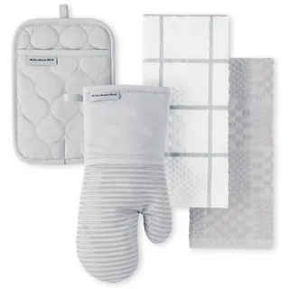 KitchenAid Ofenhandschuh, Topflappen, Küchentuch aus gestepptem Baumwoll-Frottee, hitzebeständig, Silikongriff, 40,6 x 66 cm, 17,8 x 33 cm und 17,8 x 25,4 cm, 4-teiliges Set, Mattes Grau
