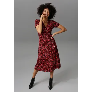 Jerseykleid ANISTON CASUAL, Damen, Gr. 46, N-Gr, rot (schwarz, rot), Single Jersey, Obermaterial: 95% Viskose, 5% Elasthan, bedruckt, geblümt, figurbetont kniebedeckend, V-Ausschnitt, Kleider Jerseykleid, in Wickeloptik, Topseller