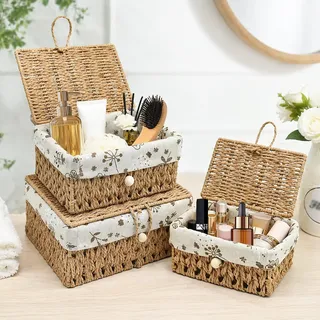 3er Set Aufbewahrungskorb Geflochten mit Deckel, Aufbewahrung Körbe Rattan, Stapelbare Regalkörbe mit Abnehmbarem Innenfutter, Boho-Decor Aufbewahrungsbox für Bad, Wohnzimmer, Schlafzimmer
