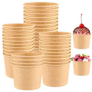 MUXHEL 50er-Set Eisbecher aus Pappe, 240ml / 8oz Kraftpapier Suppenbecher, Waffelbecher, Eisschalen, Dessertschalen Becher, Eisbecher Waffel, Eis Pappbecher, Speisebecher braun für Dessert Joghurt
