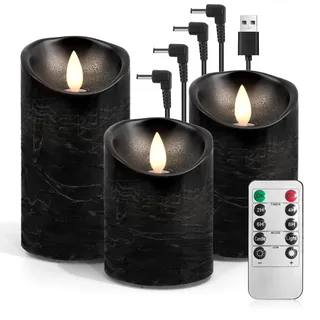 AnnSpa 3 Set Led Kerzen Aufladbar mit Fernbedienung, Wiederaufladbare Kerzen Flammenlose Echtes Wachs Flackern Moving Wick Yellow Light Pillar Candles mit Timerfunction für Geschenke - Schwarz