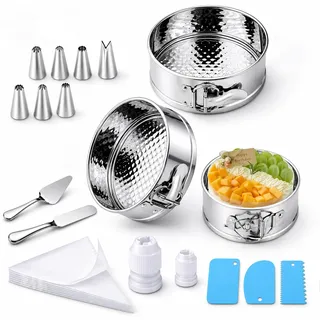 118 Stück Springform Set,Abnehmbarer Edelstahl Kuchenform Rund (10/18/20cm) | Unbeschichtet Backform,kuchenformen mit Spritzbeutel,Spritztüllen,Teigschaber,Kuchenschneideset,Anfänger,Spülmaschinenfest