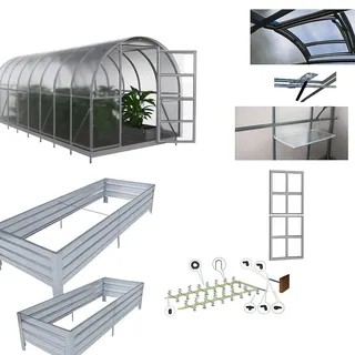 Gewächshaus-Set KLASIKA 3x6 m – 6 mm Polycarbonat, zusätzliche Tür, Regal, Bewässerungssystem, 2 Hochbeete, Dachfenster mit automatischem Öffner - Transparent