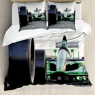 ABAKUHAUS Autos Bettbezug, Indy Cars auf Asphaltstraße, Milbensicher Allergiker geeignet mit Kissenbezügen, 155 cm x 220 cm - 80 x 80 cm, Grau-Schwarz-Grün - Grau