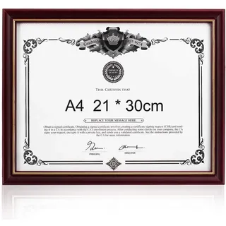 GraduatePro A4 Urkundenrahmen Dokumentenrahmen Mahagoni mit Goldener Rahmen Glas Wand & Tischrahmen