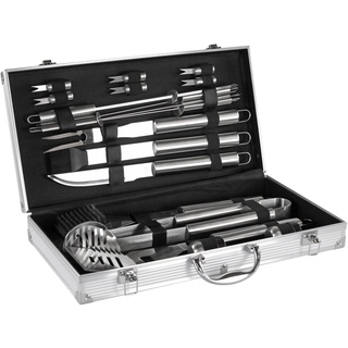 Mastercook – Professionelles Grillzubehör-Set aus Stahl mit Koffer, Zubehör-Set Bbq mit Zange, Gabeln, Spachtel und Bürsten, Koffer für Grillwerkzeuge