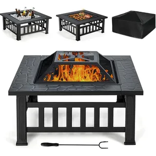 COSTWAY 3 in 1 Feuerschale, Outdoor-Feuerstelle 81 x 81 cm, Quadratischer Feuerkorb für Garten Hinterhof Terrasse Balkon, mit Gitter/ Rost/ Grill/ Schürhaken/ Abdeckung, für Picknicks & Lagerfeuer