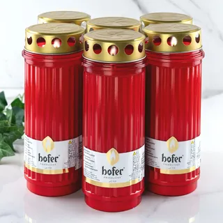 6er Set HOFER GRABKERZEN Dauerbrenner Elegance mit Deckel [rot] bis zu 10 Tage Brenndauer | Trauerkerzen mit Deckel | XL-Grablicht, Friedhofskerze | Kerzen für Grabdeko und Grabschmuck...