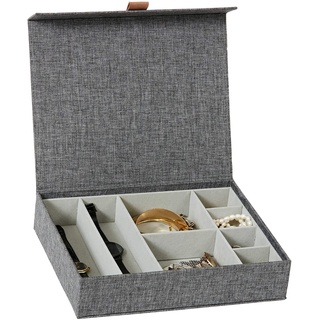 LOVE IT STORE IT Premium Aufbewahrungsbox für Schmuck - Schmuckkästchen aus Leinen, innen Samt - Verstärkt mit Holz - Mit 8 Fächern - Grau - 27x22x6 cm