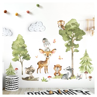 Grandora Waldtiere Wandtattoo für Kinderzimmer Babyzimmer Wandsticker Fuchs REH Baum Wandaufkleber Wanddeko Wandbild M - 80 x 55 cm (BxH) DL771