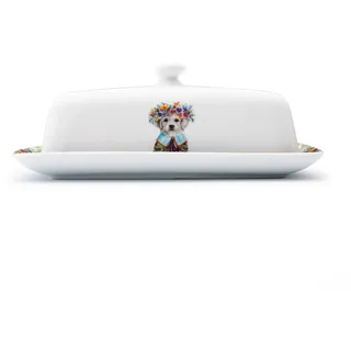 Mikasa Tipperleyhill Keramik-Butterdose mit Deckel, dekorativ, witzige Hunde-Illustration, Lebensmittelaufbewahrung und -verbesserung, 21 x 11 x 7 cm