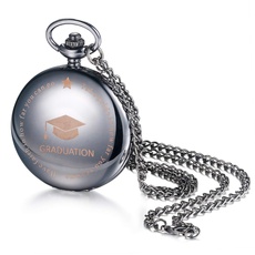 JewelryWe Graduierung Taschenuhr Schwarz Kettenuhr Analog Quarz Uhr mit Gravur Halskette Kette Umhängeuhr Graduierte Geschenk für Jungen Mädchen