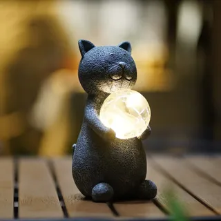 Yeemoo Katzen Deko Gartenfiguren für Draußen, Gartendeko Figur mit Solar Ball Lustige Geschenke für Frauen Geburtstag Wasserdicht Tiere für Mama Oma Hochzeitsgeschenk Balkon Grau