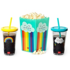 Legami - Set aus einem Behälter für Popcorn und zwei Gläser, wiederverwendbar, 450 ml Gläser mit Schraubverschluss und Strohhalm, Popcorneimer 3,5 l
