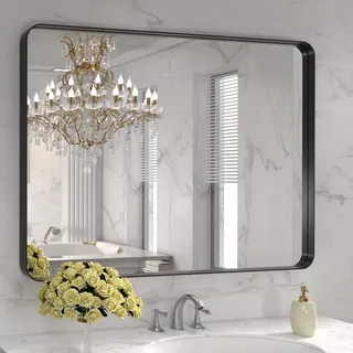 LOAAO Badezimmerspiegel für die Wand, 101,6 x 81,3 cm, schwarzer Metallrahmen, mattschwarzer Badezimmer-Schminkspiegel, Bauernhaus, großer abgerundeter rechteckiger Spiegel, rostfrei, gehärtetes Glas,