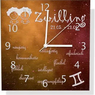 Wallario Design Wanduhr Sternzeichen Zwilling aus Aluverbund, Größe 30 x 30 cm - Orange
