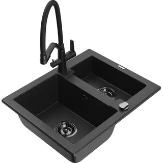 Mexen Carlos 1,5-Becken-Granitspüle mit Mischbatterie Duo, Schwarz/Silbermetallic - 6518-73-671701-70-B - Schwarz