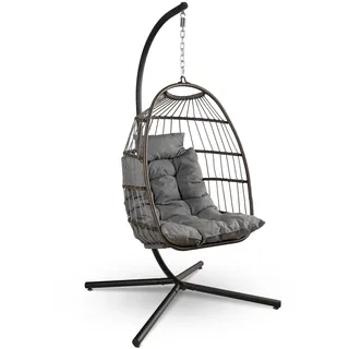 SereneLife Hängesessel mit Gestell – Rattan Hängesessel für Kinder & Erwachsene Wetterfest – Schaukel Outdoor & Indoor bis 250 kg mit Dicke Kissen – Faltbarer Hängestuhl für Balkon & Wohnzimmer