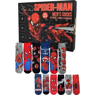 Marvel Spiderman Adventskalender mit 12 Paar Socken Größe 40-45 für Herren Weihnachtskalender mit Sneakers und langen Socken