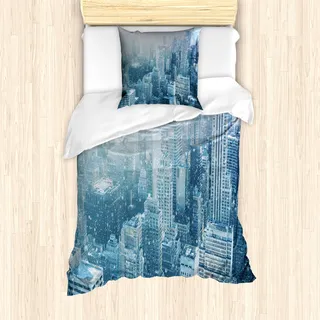 ABAKUHAUS Winter Mantele, Schnee in New York City, Milbensicher Allergiker geeignet mit Kissenbezügen, 135 cm x 200 cm - 80 x 80 cm, Weiß Hellgrün - Weiß
