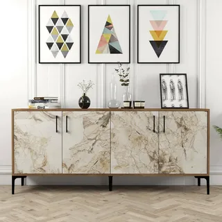 Dmora - Kommode Orionis, Wohnzimmerbuffet, Wohnzimmer-Sideboard, Moderne Küchen-Speisekammer, 180x35h78 cm, Nussbaum und Weißer Marmor