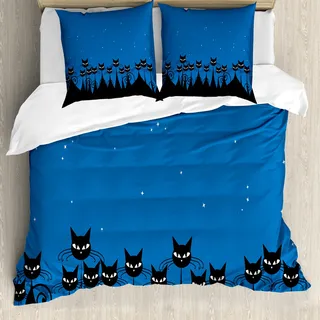ABAKUHAUS Nacht Bettbezug, Schwarze Katzen Sternenhimmel, Milbensicher Allergiker geeignet mit Kissenbezügen, 200 cm x 200 cm - 80 x 80 cm, Blau Schwarz Weiß - Schwarz