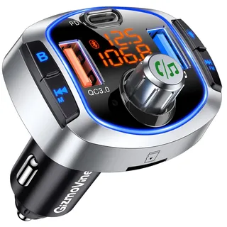 GizmoVine Bluetooth Adapter Auto, FM Transmitter 81W mit Bluetooth 5.4 | PD 45W & QC3.0 36W Schnellladen, BASS, Freisprechen, Sprachassistent, USB 64GB/TF 32GB, Spannungsanzeige, CVC, 12V/24V