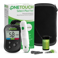 OneTouch Select Plus Flex® Blutzucker-Messgerät (mmol/L) I Diabetes-Testset (Zucker-Krankheit) I 1 Blutzucker-Messgerät + 10 Teststreifen + 1 Stechhilfe + 10 Lanzetten im Etui (inkl. Batterie)