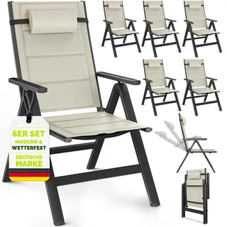 tillvex Gartenstuhl mit Polster Premium 6 Stück Beige klappbar aus Aluminium | Hochlehner mit Armlehnen | Klappstuhl verstellbar | Klappsessel Balkon Garten Terrasse - Beige