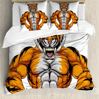 ABAKUHAUS Tier Bettbezug, Wildlife Safari Tiger, Milbensicher Allergiker geeignet mit Kissenbezügen, 155 cm x 220 cm - 80 x 80 cm, Pale Grau Marigold - Grau