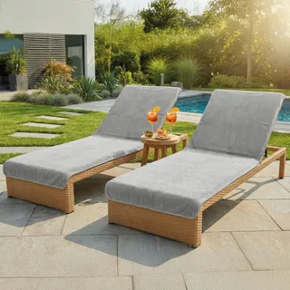 LAYNENBURG 2er-Set Premium Schonbezug für Gartenliege - 100% Baumwolle - Oeko-TEX 100 - Frottee Handtuch-Bezug Sonnenliege - Liegenbezug mit Umschlag für Standliege, Liege-Stuhl (75x200 cm Grau)