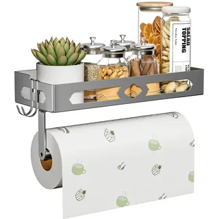ZDDLOINP Gewürzregal mit Küchenrollenhalter und Haken, Gewürzregal Wand Ohne Bohren, Gewürz Organizer für Küchen, Silber