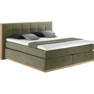 Home Affaire Boxspringbett PLACES OF STYLE "Vinton", grün (olive), B:220cm L:213cm, Komplettbetten, Boxspringbett, aus massiver Eiche, verschiedene Härtegrade (auch H4), Topseller