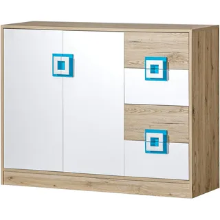 Furniture24 Kommode NICO 08 , Schrank, Mehrzweckschrank, Sideboard mit 2 Türen und 4 Schubkasten Hell Eiche/Weiß/Türkis