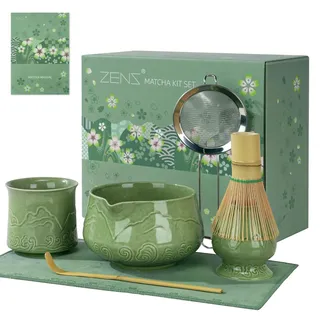 ZENS Matcha Set mit Blühende Tasse, 7 Stück Matcha-Set Grün für Geschenk | Keramik Matcha zubehör set mit Schale, Besen & halter, Bambusschaufel und Pulversieb & Teetuch für Matcha Ceremonial