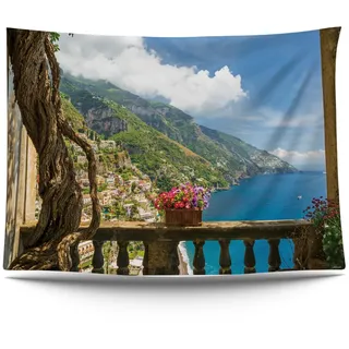 Ulticool – Ansicht Balkon Berge Meer Natur - Wandteppich Poster - 200x150 cm - Gartenposter - Wandteppich groß – Dekoration Zubehörteil für Garten und Wohnzimmer